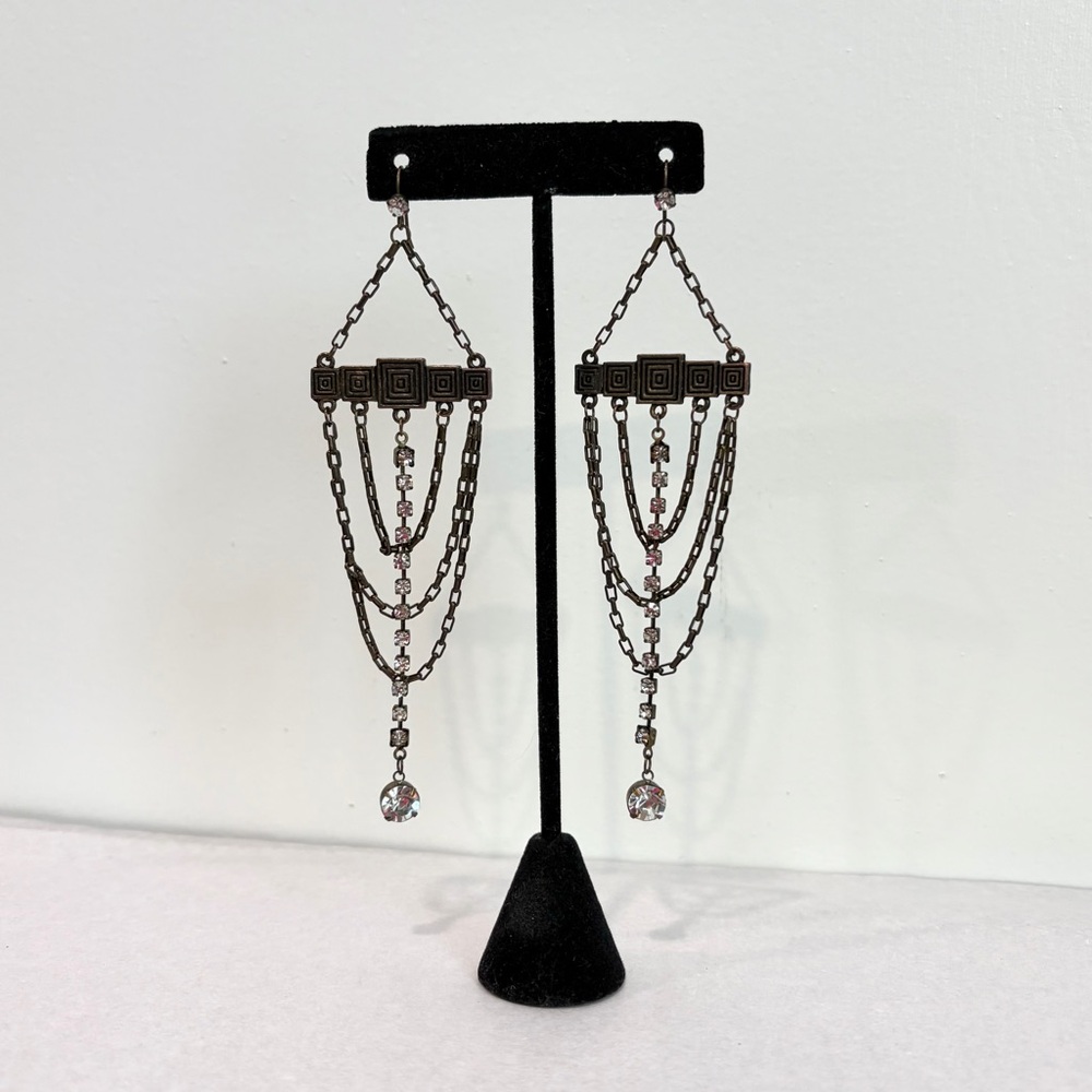 Geometric Bar Chain Crystal Drop Chandelier Earrings